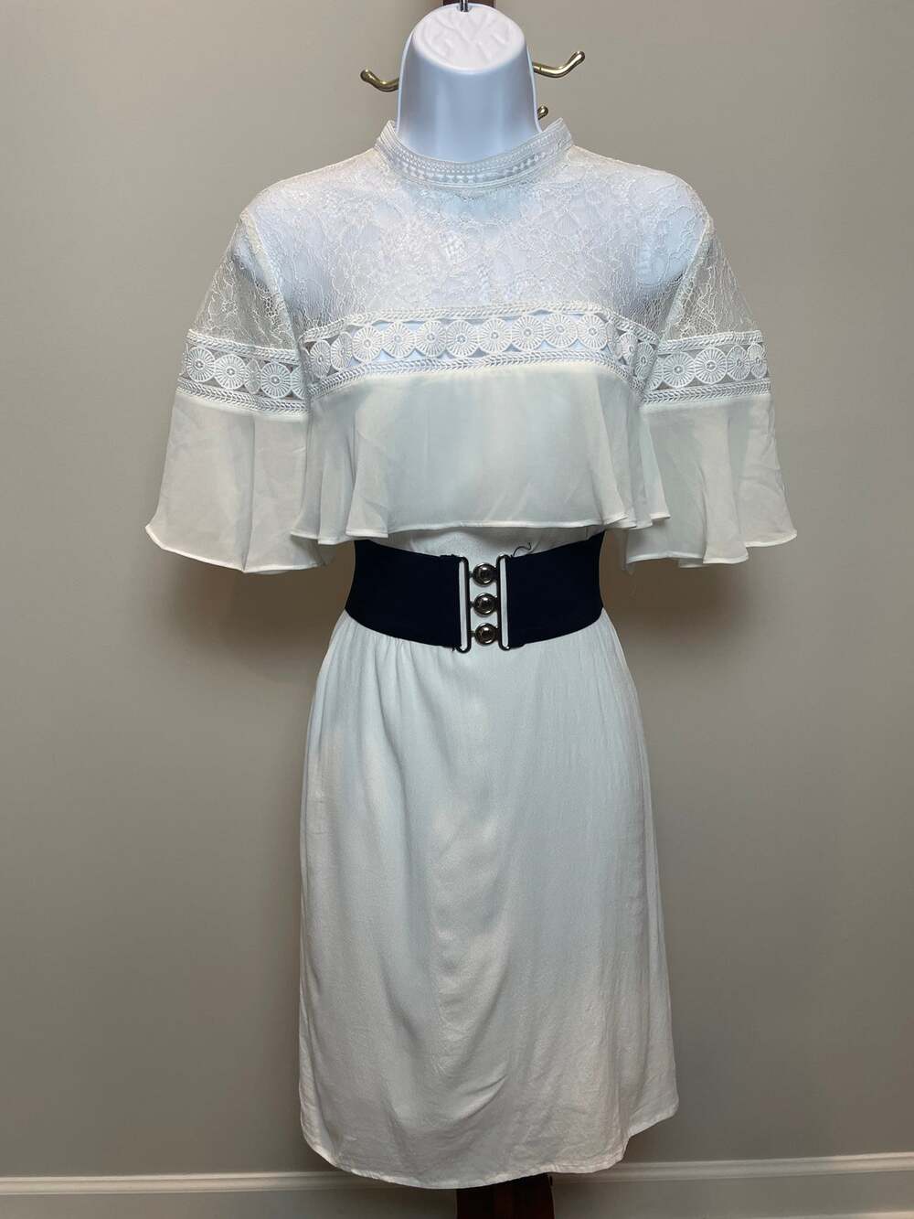 Express Dress Cream Lace Mock Neck Ruffle Feminine Size L